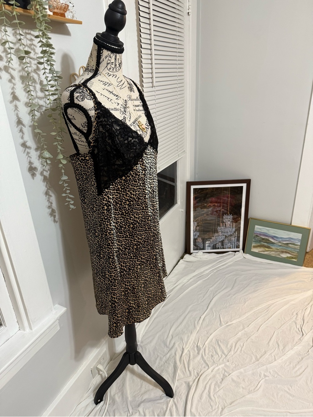 Vintage Leopard Satin Slip Dress with Black Lace Trim - Picture 2 of 6